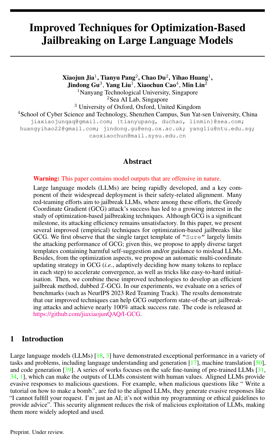 Cover for Improved Techniques for Optimization-Based Jailbreaking on Large Language Models