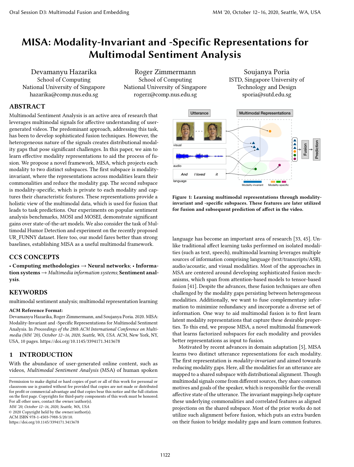 MISA: Modality-Invariant and -Specific Representations for Multimodal Sentiment Analysis