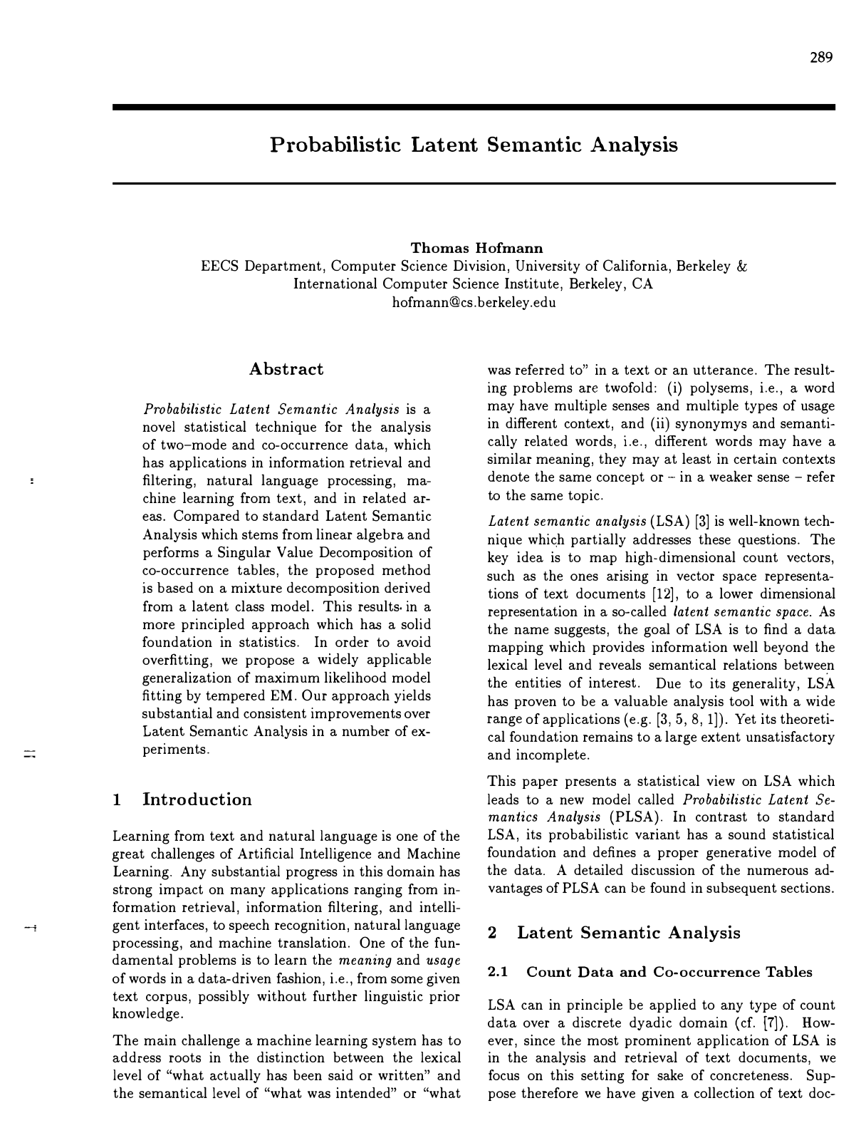Cover for Probabilistic Latent Semantic Analysis