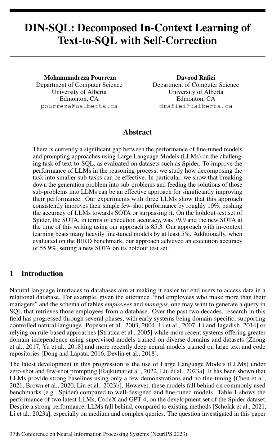 Cover for DIN-SQL: Decomposed In-Context Learning of Text-to-SQL with Self-Correction
