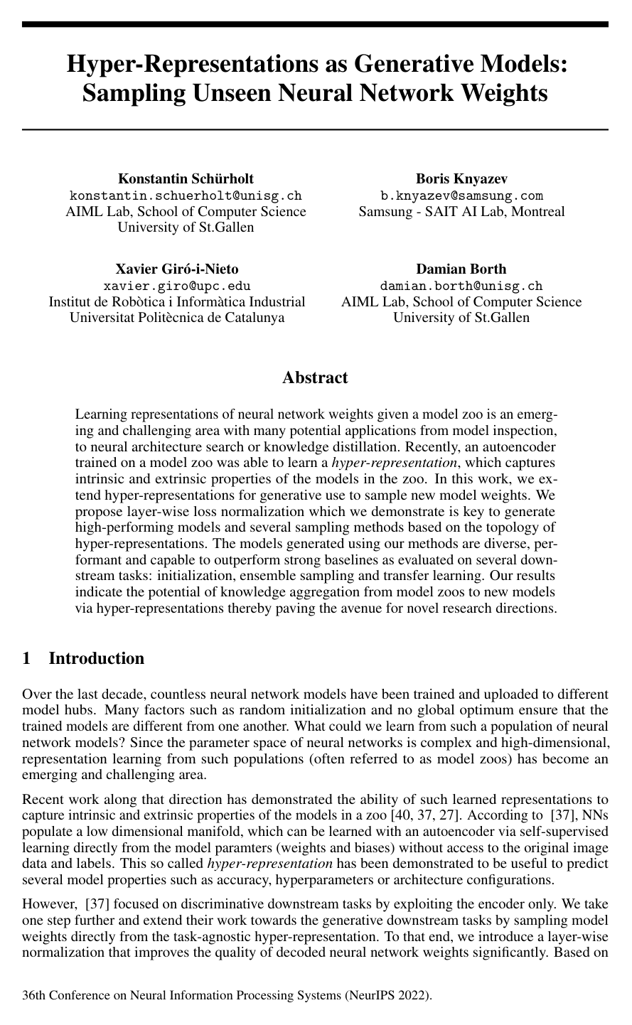 Hyper-Representations as Generative Models: Sampling Unseen Neural Network Weights