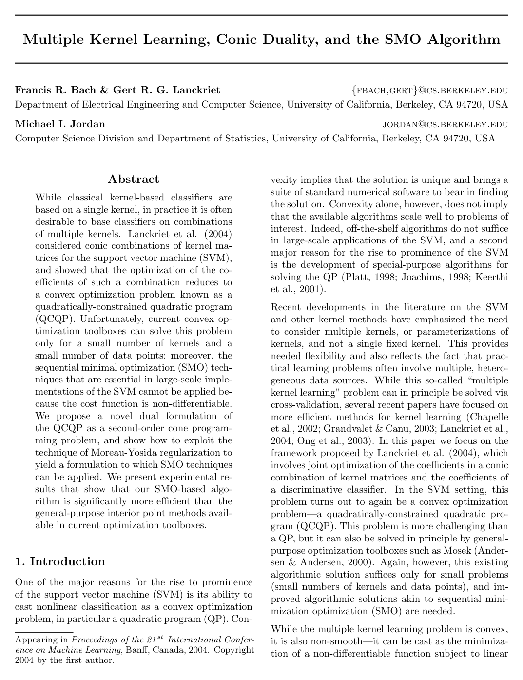 Multiple kernel learning, conic duality, and the SMO algorithm
