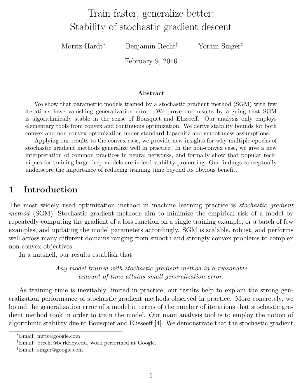 Cover for Train faster, generalize better: Stability of stochastic gradient descent