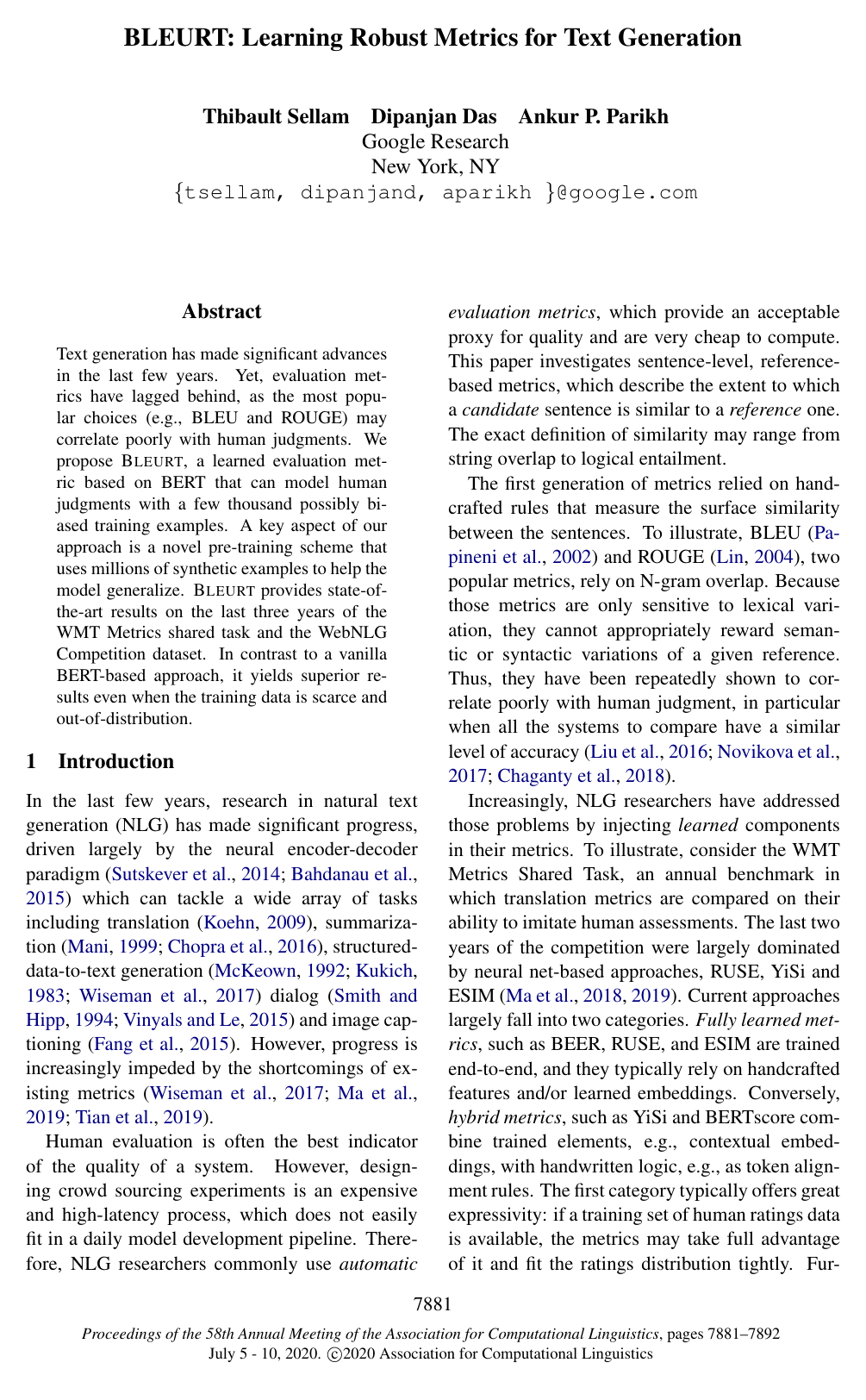 Cover for BLEURT: Learning Robust Metrics for Text Generation