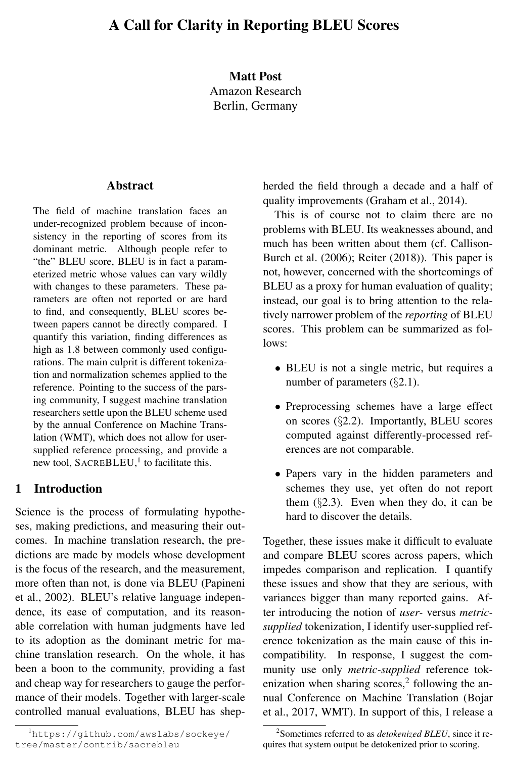 A Call for Clarity in Reporting BLEU Scores