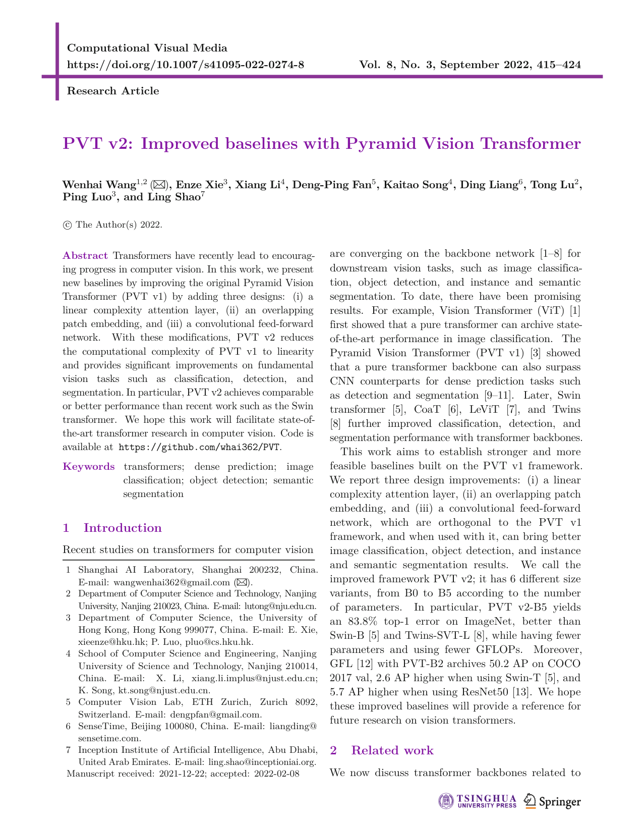 Cover for PVT v2: Improved baselines with Pyramid Vision Transformer