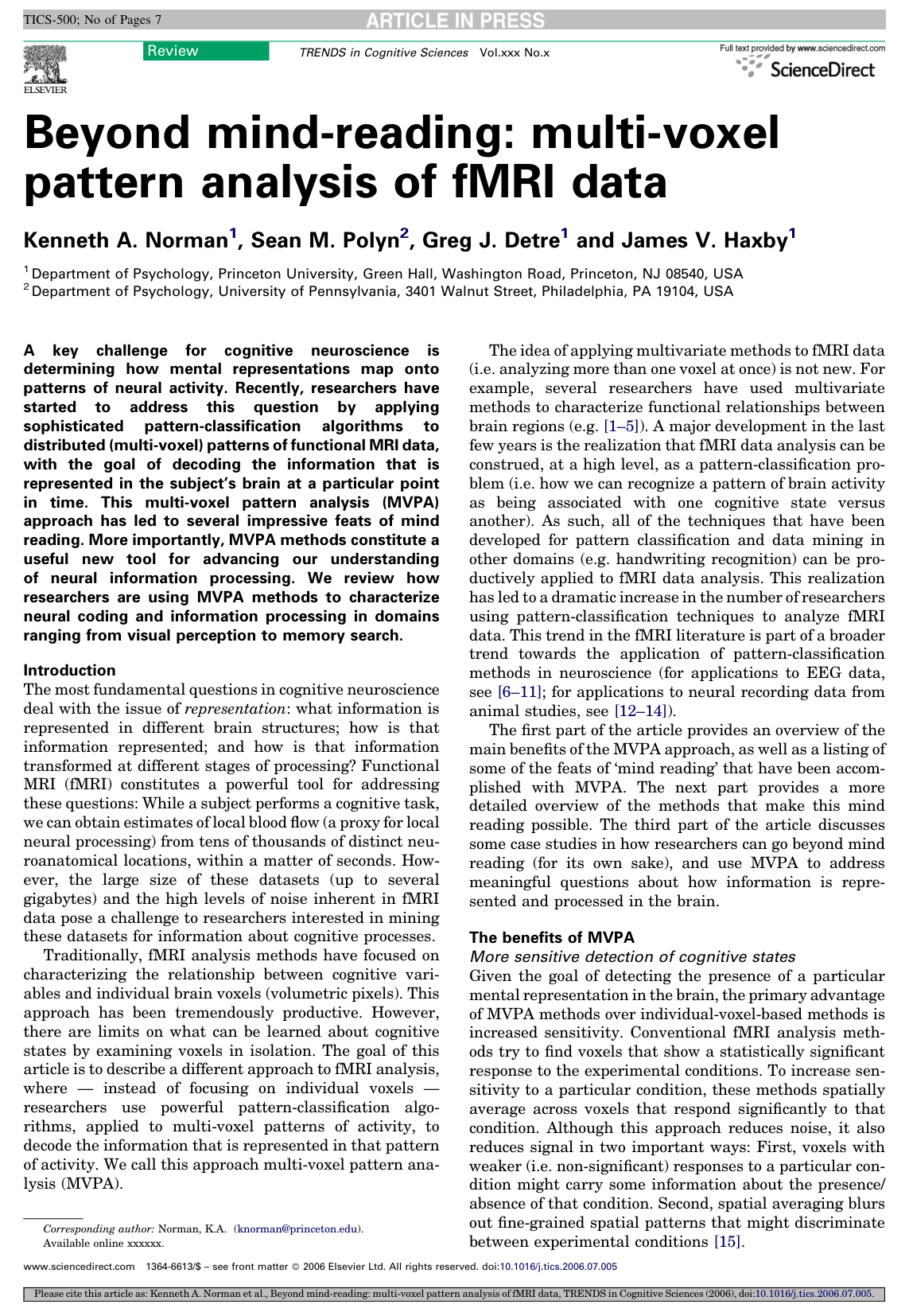Beyond Mind-Reading: Multi-Voxel Pattern Analysis of fMRI Data