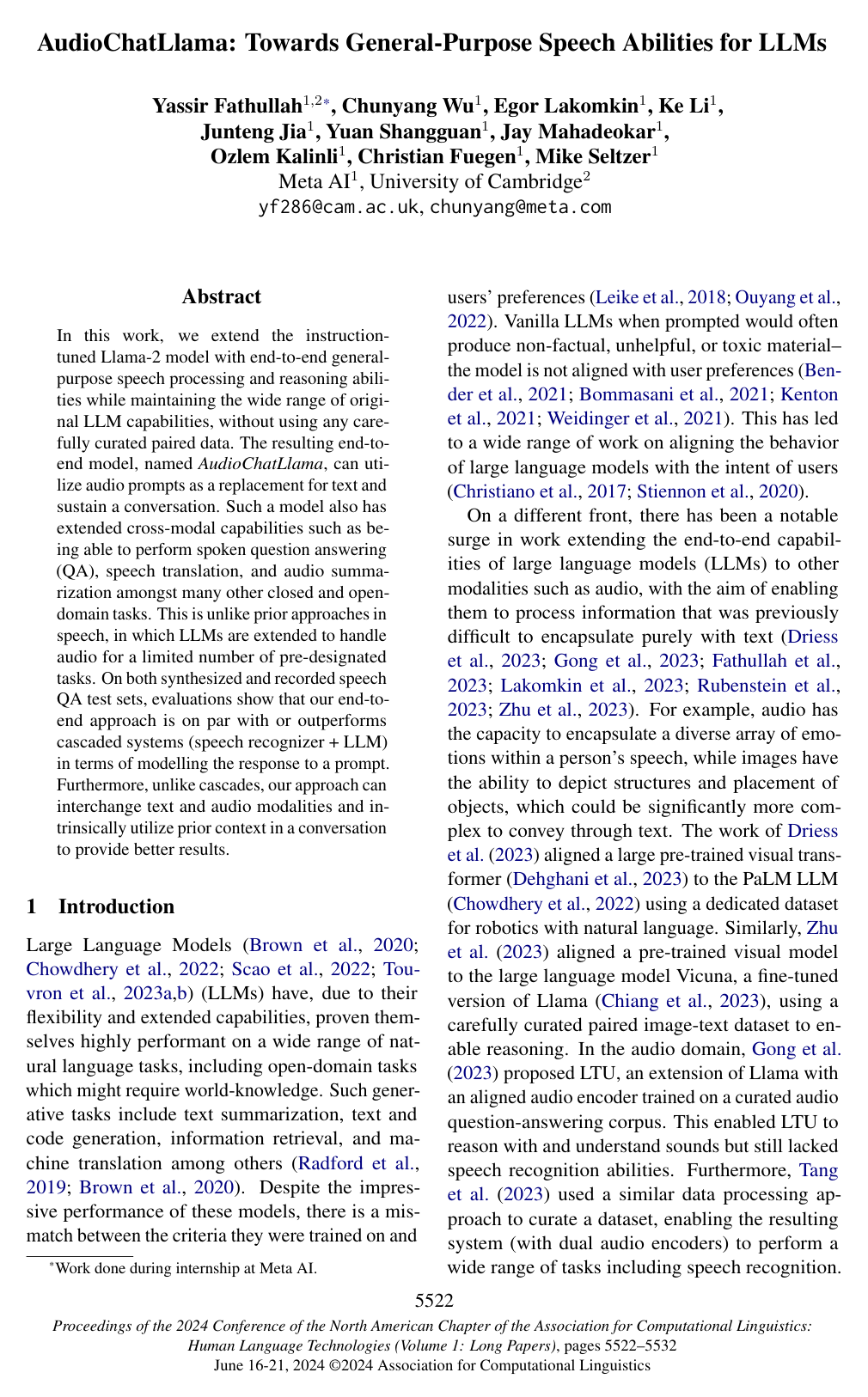 Cover for AudioChatLlama: Towards General-Purpose Speech Abilities for LLMs
