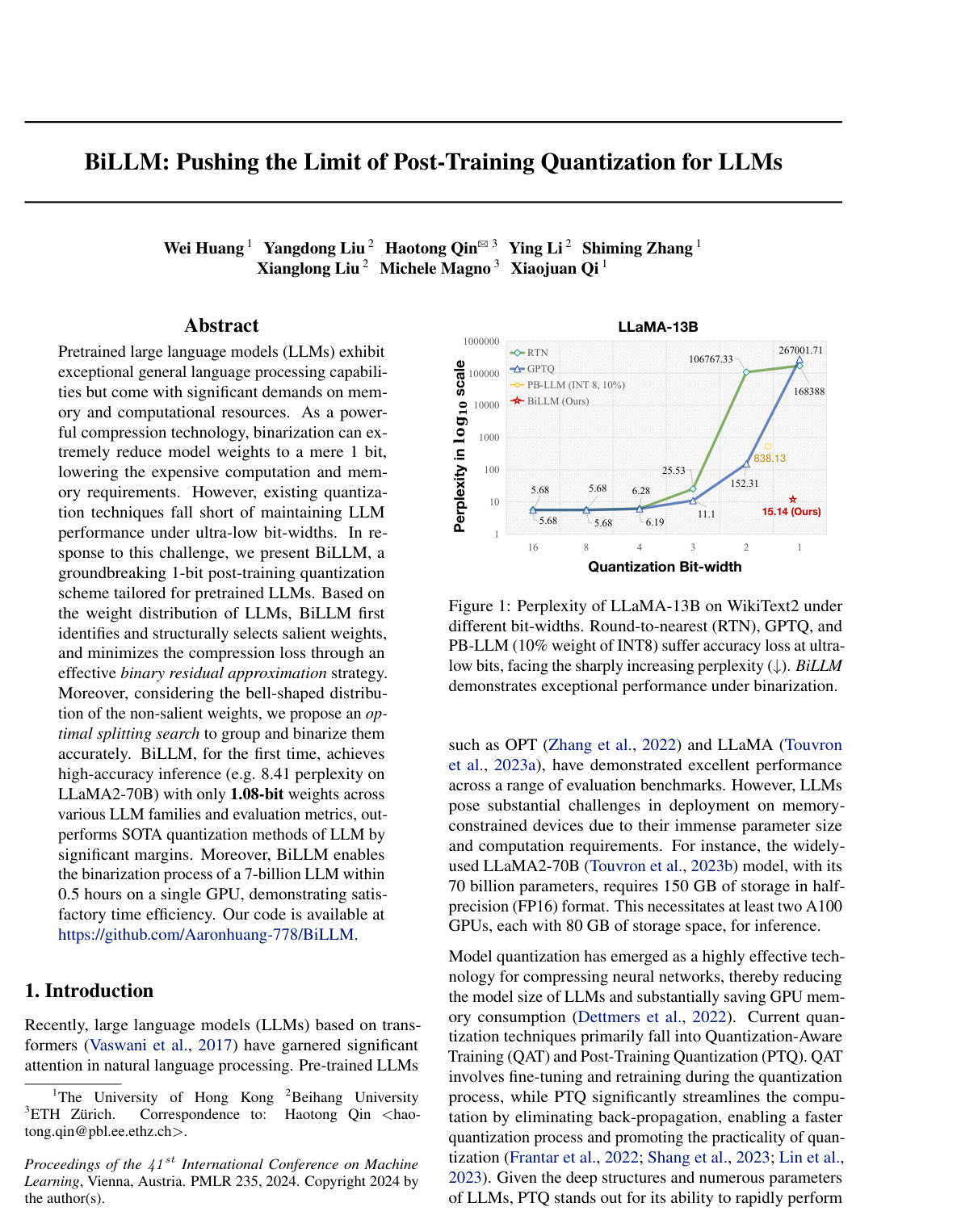 Cover for BiLLM: Pushing the Limit of Post-Training Quantization for LLMs