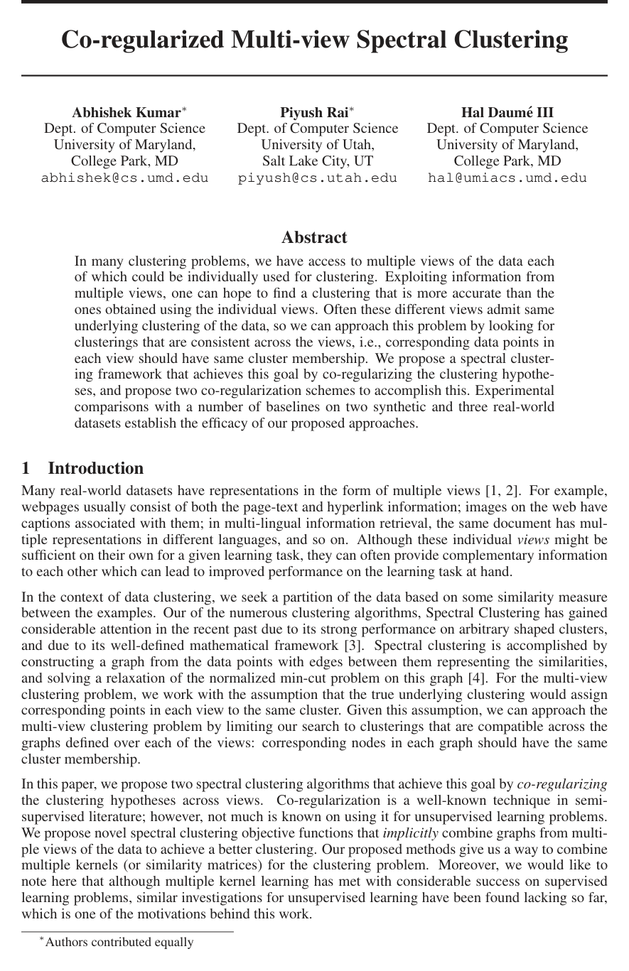 Co-regularized Multi-view Spectral Clustering