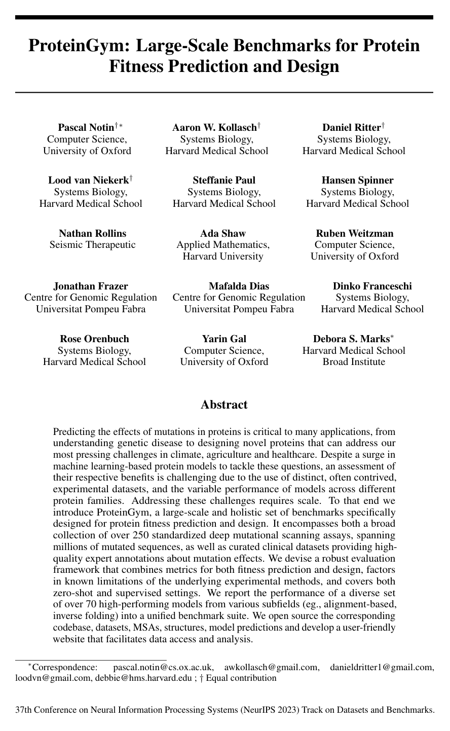 Cover for ProteinGym: Large-Scale Benchmarks for Protein Fitness Prediction and Design