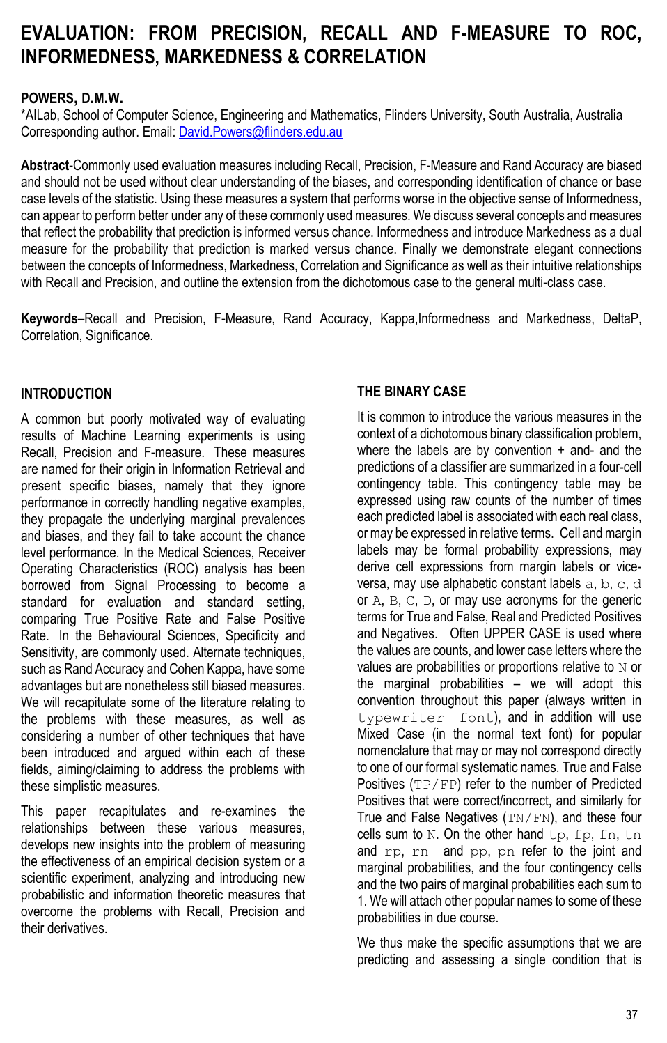 Evaluation: from precision, recall and F-measure to ROC, informedness, markedness and correlation