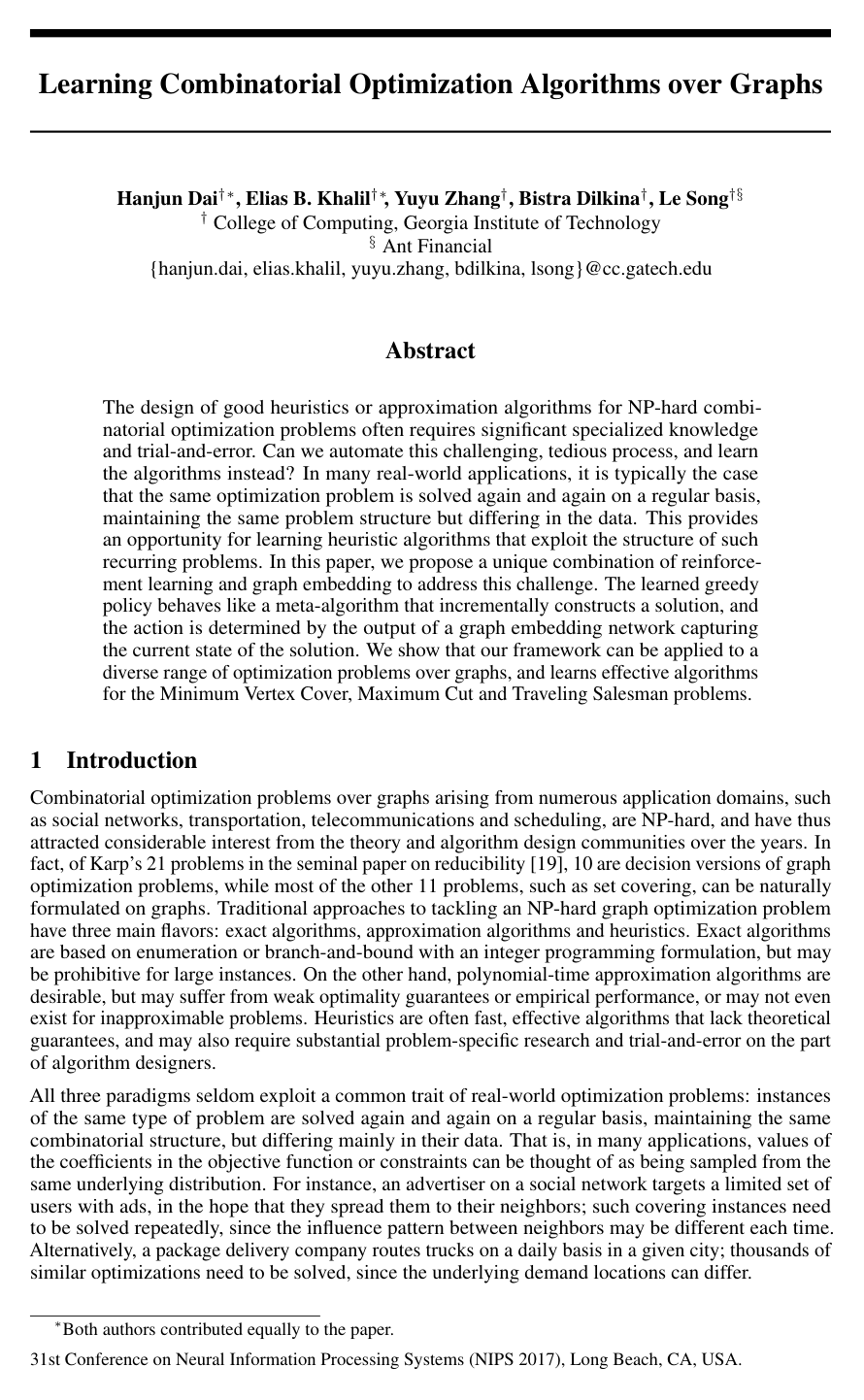 Cover for Learning Combinatorial Optimization Algorithms over Graphs