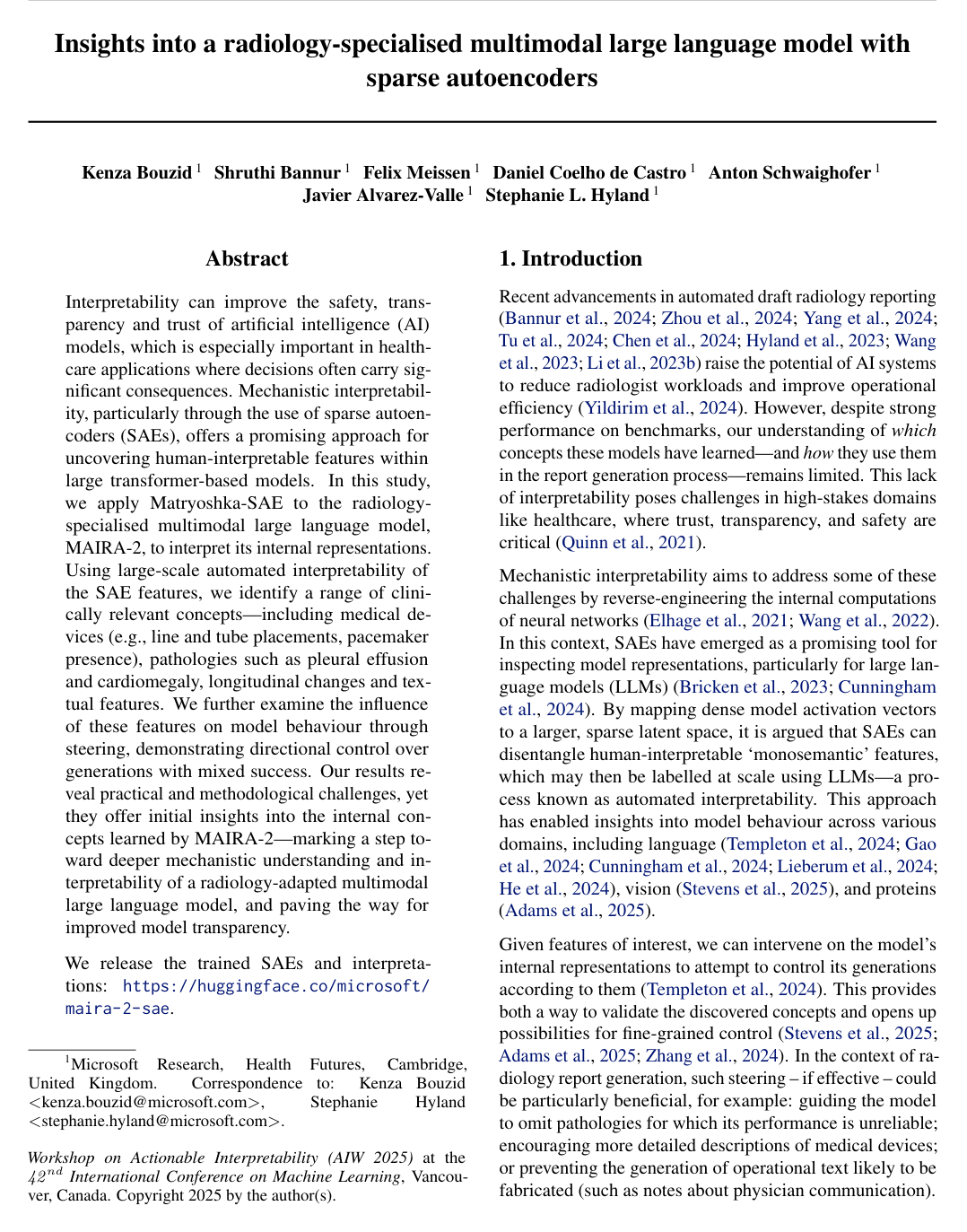 Insights into a radiology-specialised multimodal large language model with sparse autoencoders