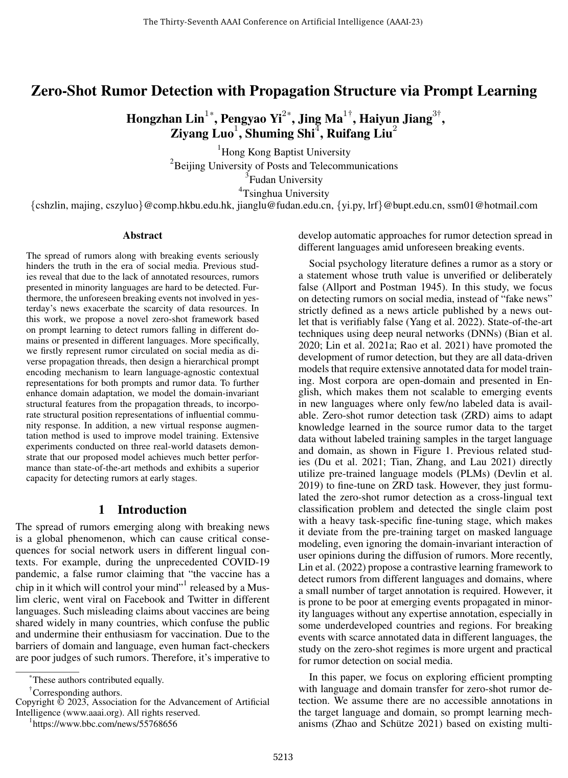 Zero-Shot Rumor Detection with Propagation Structure via Prompt Learning