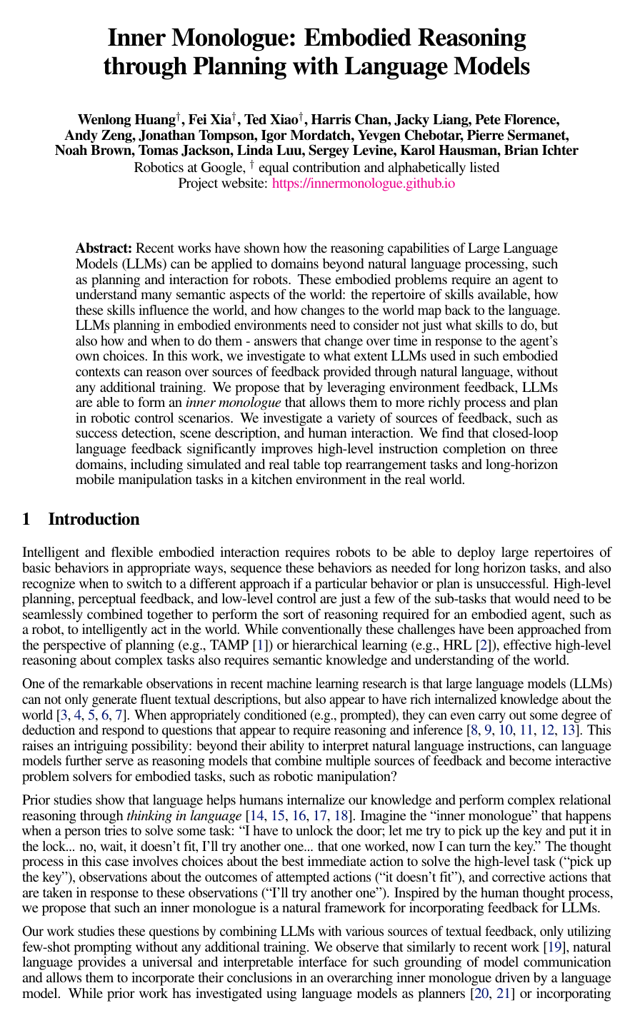 Cover for Inner Monologue: Embodied Reasoning through Planning with Language Models