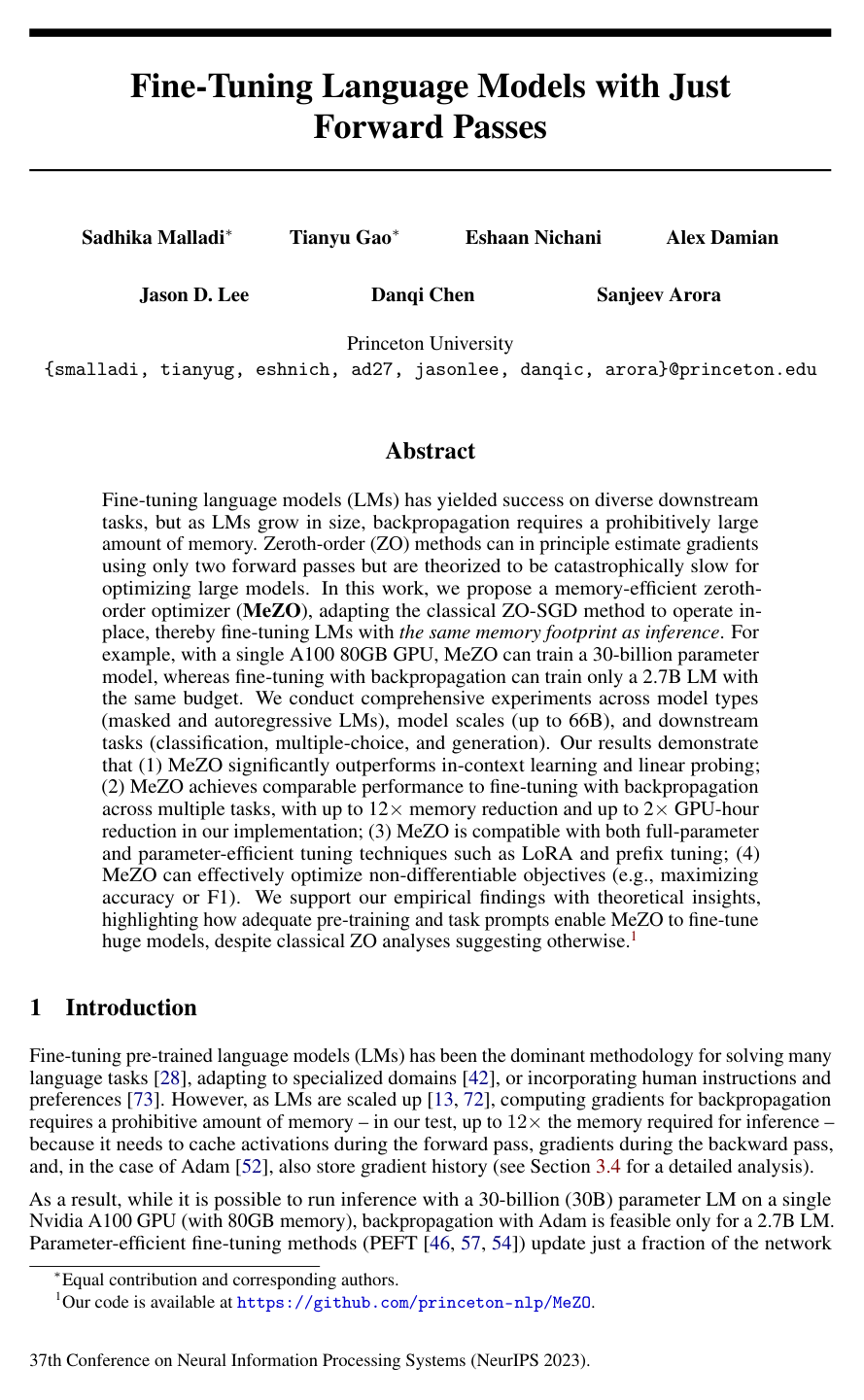 Fine-Tuning Language Models with Just Forward Passes