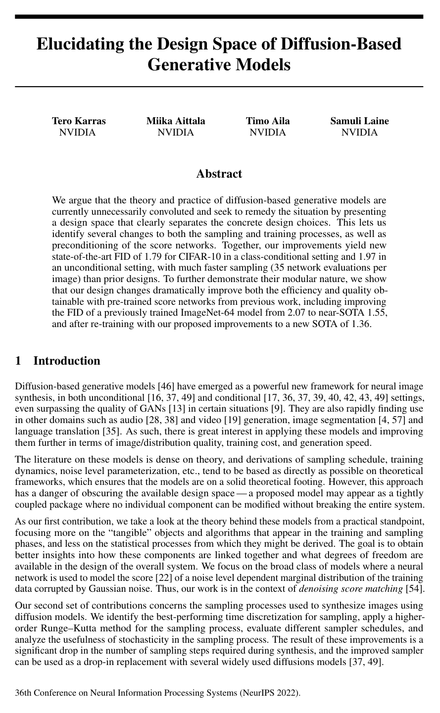 Elucidating the Design Space of Diffusion-Based Generative Models