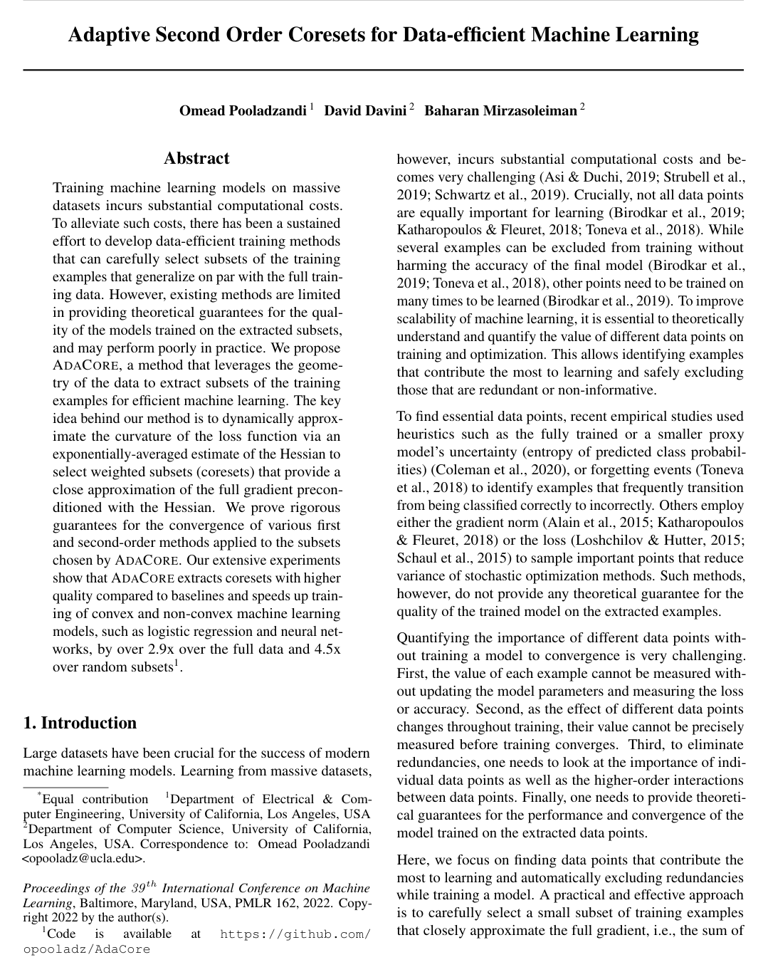 Adaptive Second Order Coresets for Data-efficient Machine Learning