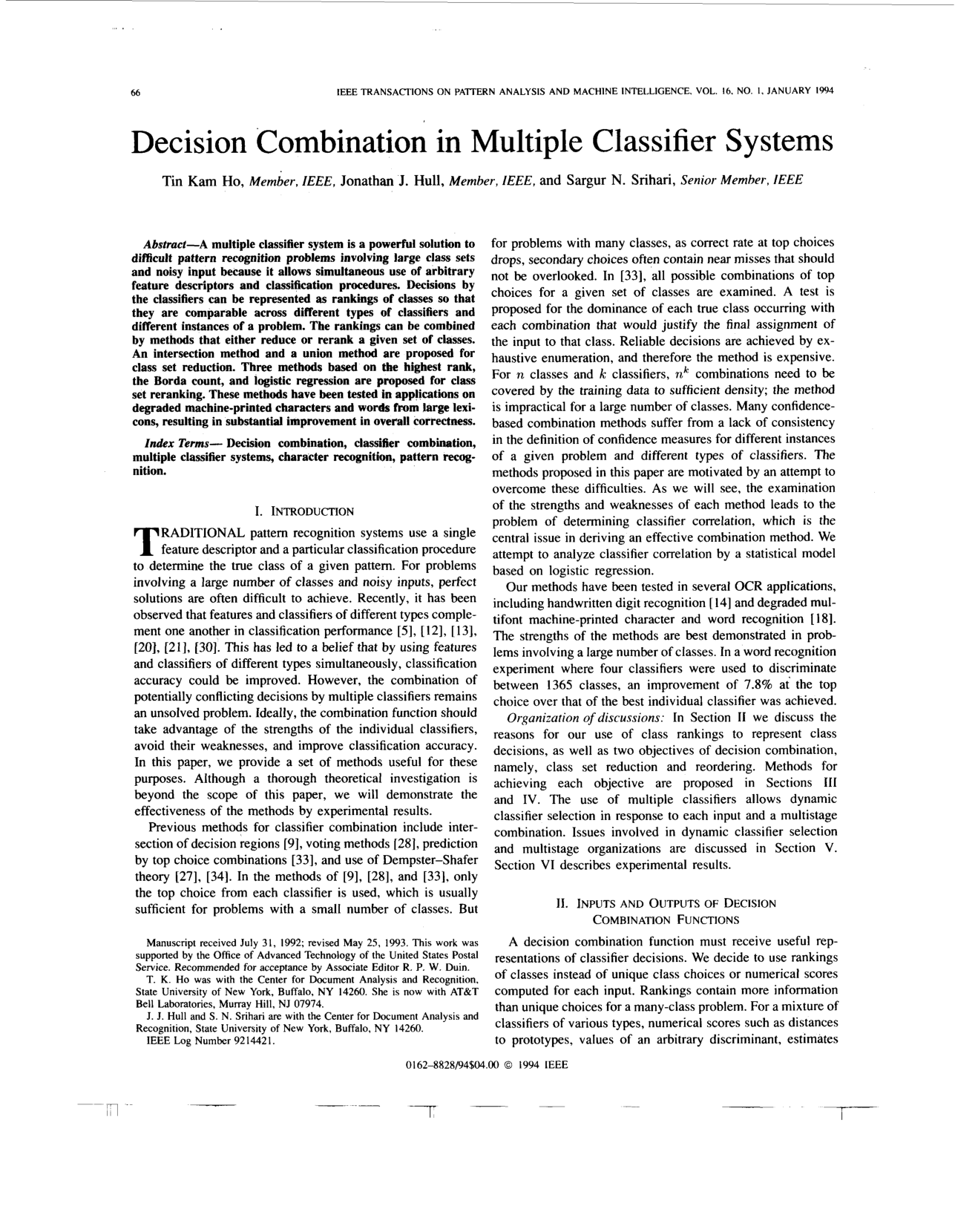 Cover for Decision Combination in Multiple Classifier Systems