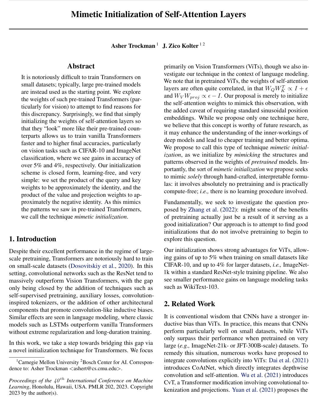 Mimetic Initialization of Self-Attention Layers