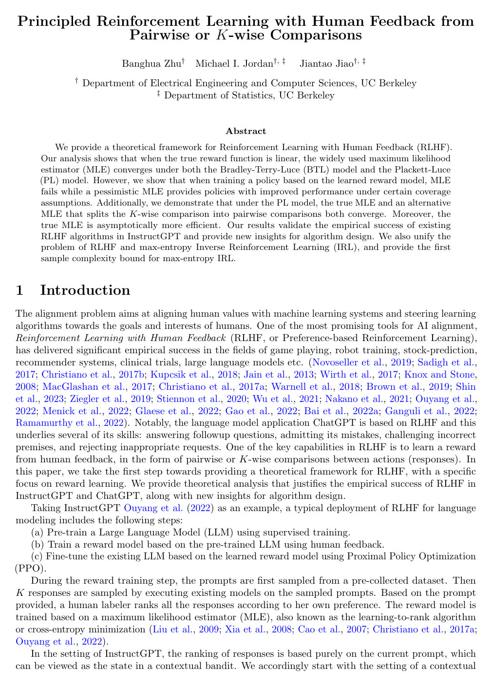 Principled Reinforcement Learning with Human Feedback from Pairwise or K-wise Comparisons