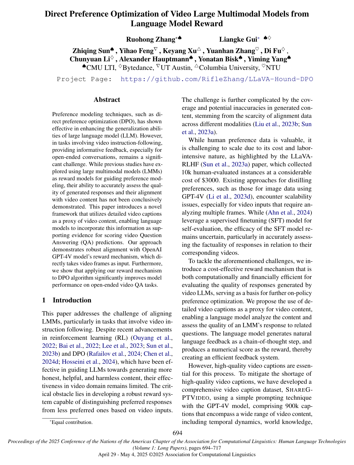 Direct Preference Optimization of Video Large Multimodal Models from Language Model Reward