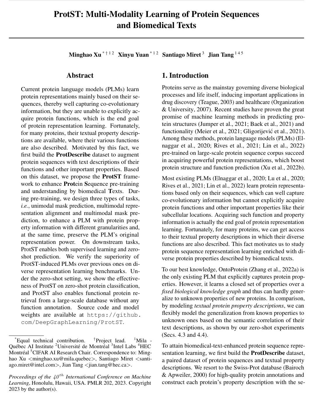 Cover for ProtST: Multi-Modality Learning of Protein Sequences and Biomedical Texts