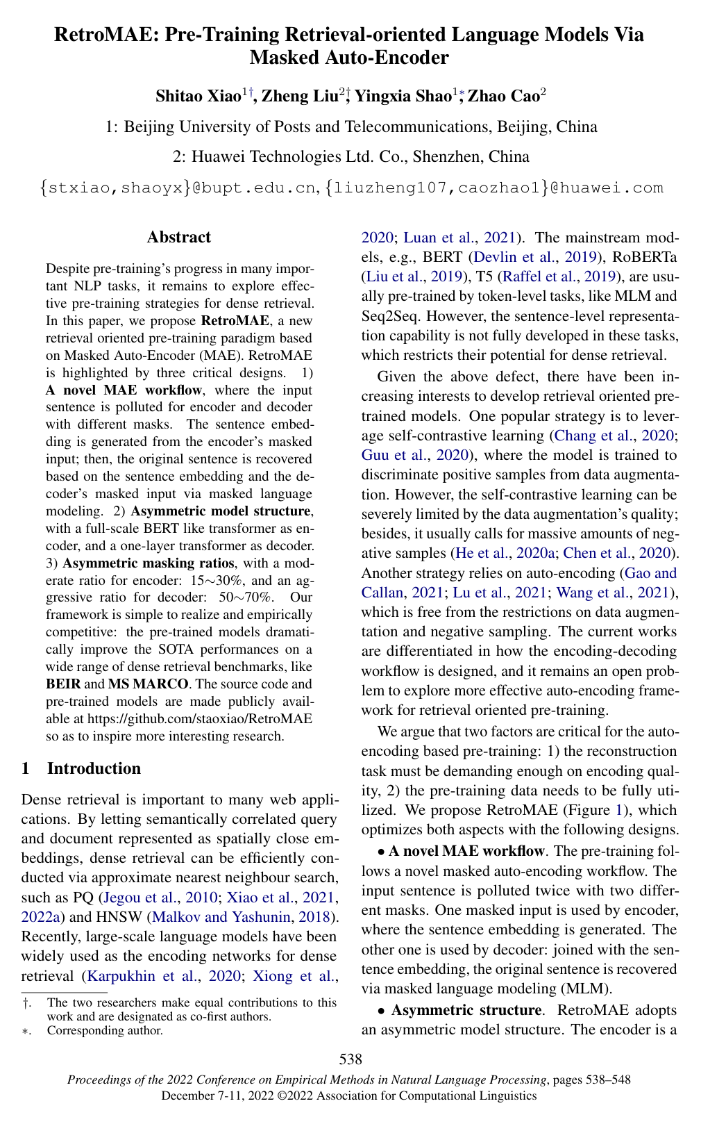 RetroMAE: Pre-Training Retrieval-oriented Language Models Via Masked Auto-Encoder