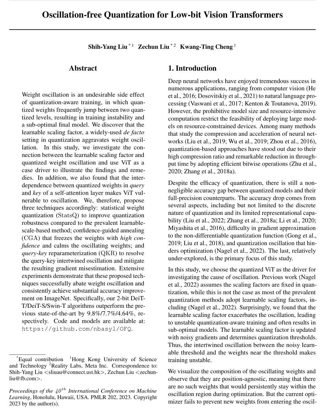 Oscillation-free Quantization for Low-bit Vision Transformers