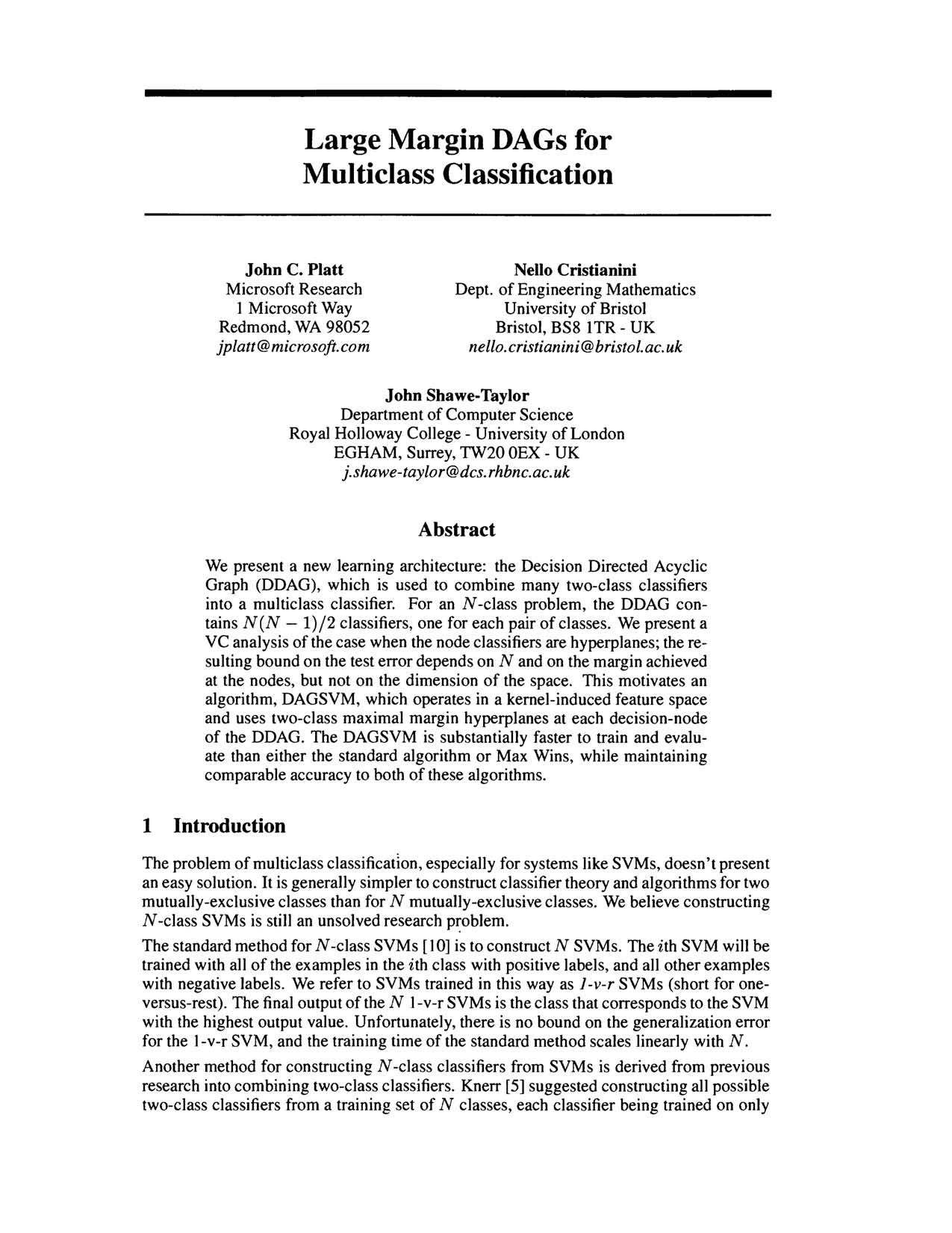 Large Margin DAGs for Multiclass Classification