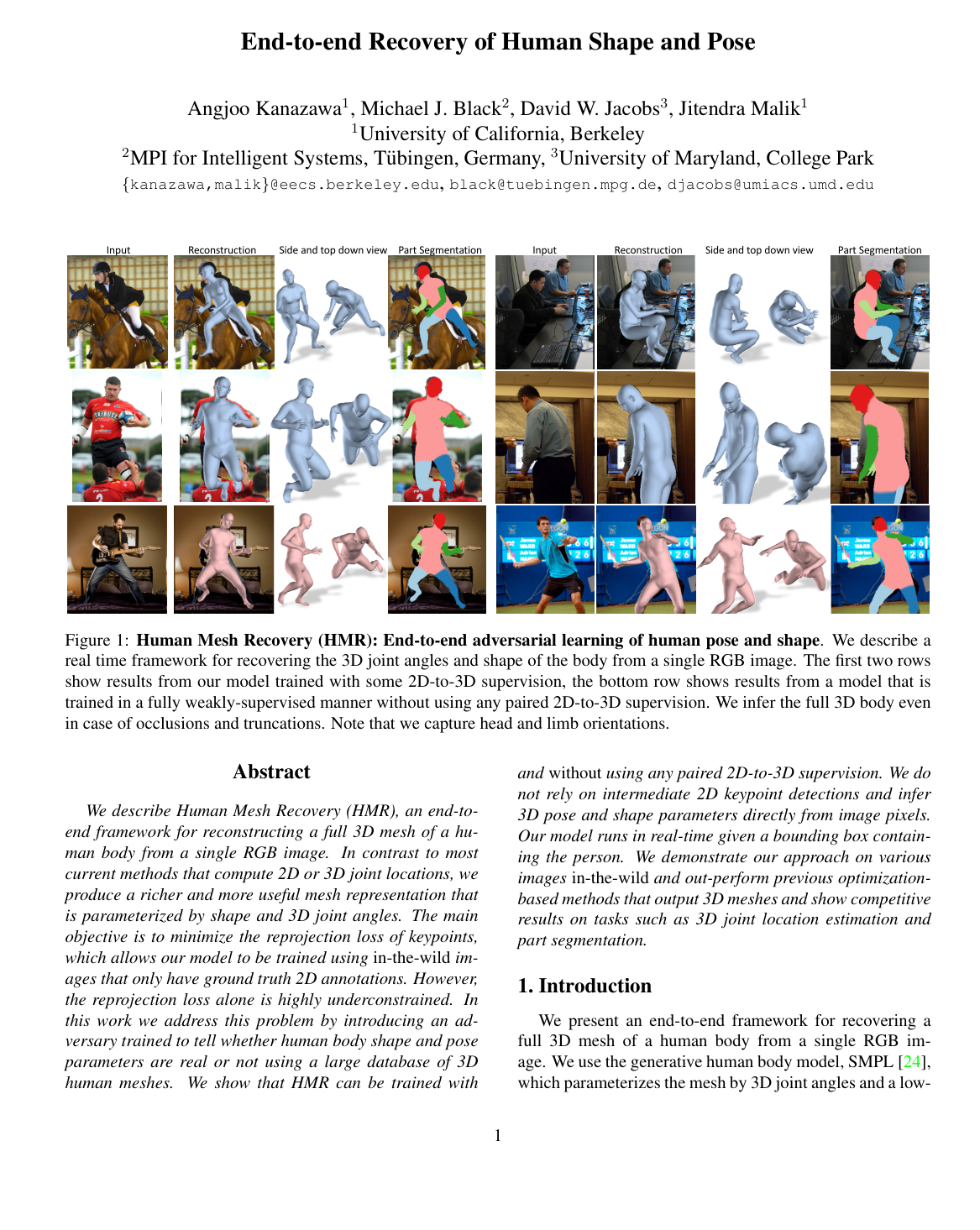 Cover for End-to-End Recovery of Human Shape and Pose