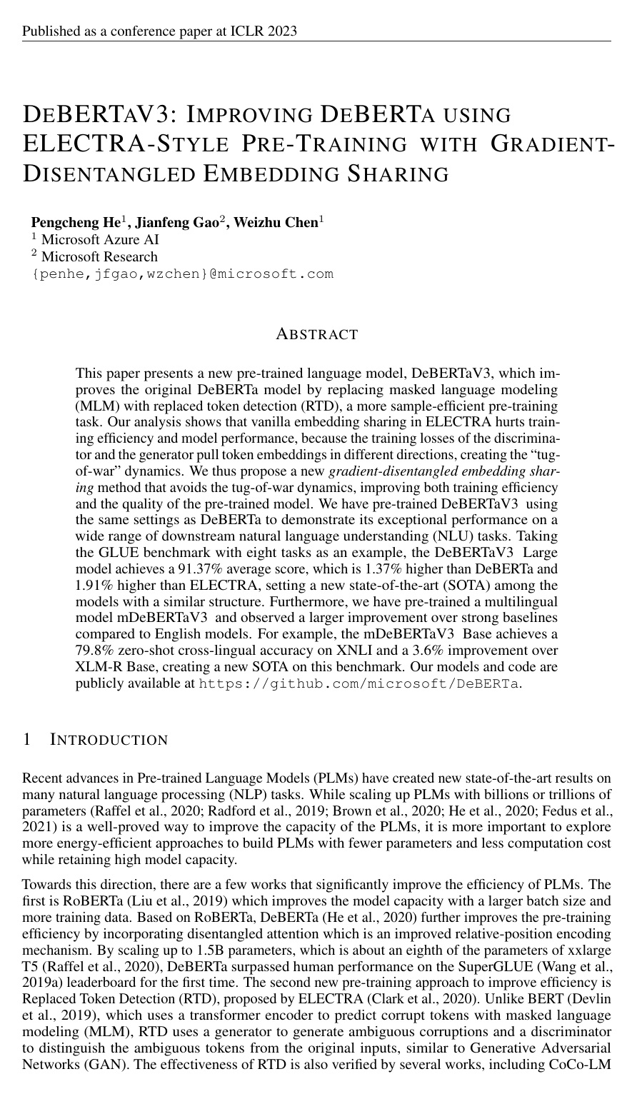 DeBERTaV3: Improving DeBERTa using ELECTRA-Style Pre-Training with Gradient-Disentangled Embedding Sharing