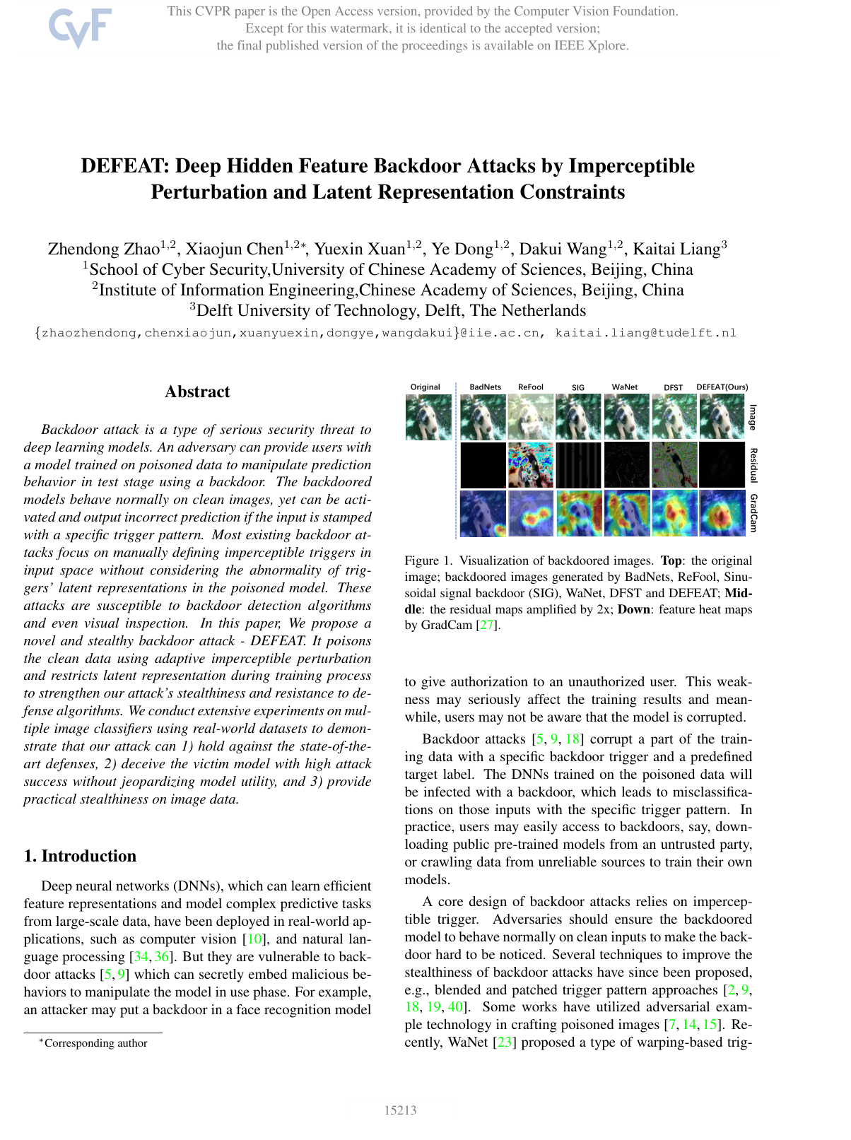 Cover for DEFEAT: Deep Hidden Feature Backdoor Attacks by Imperceptible Perturbation and Latent Representation Constraints