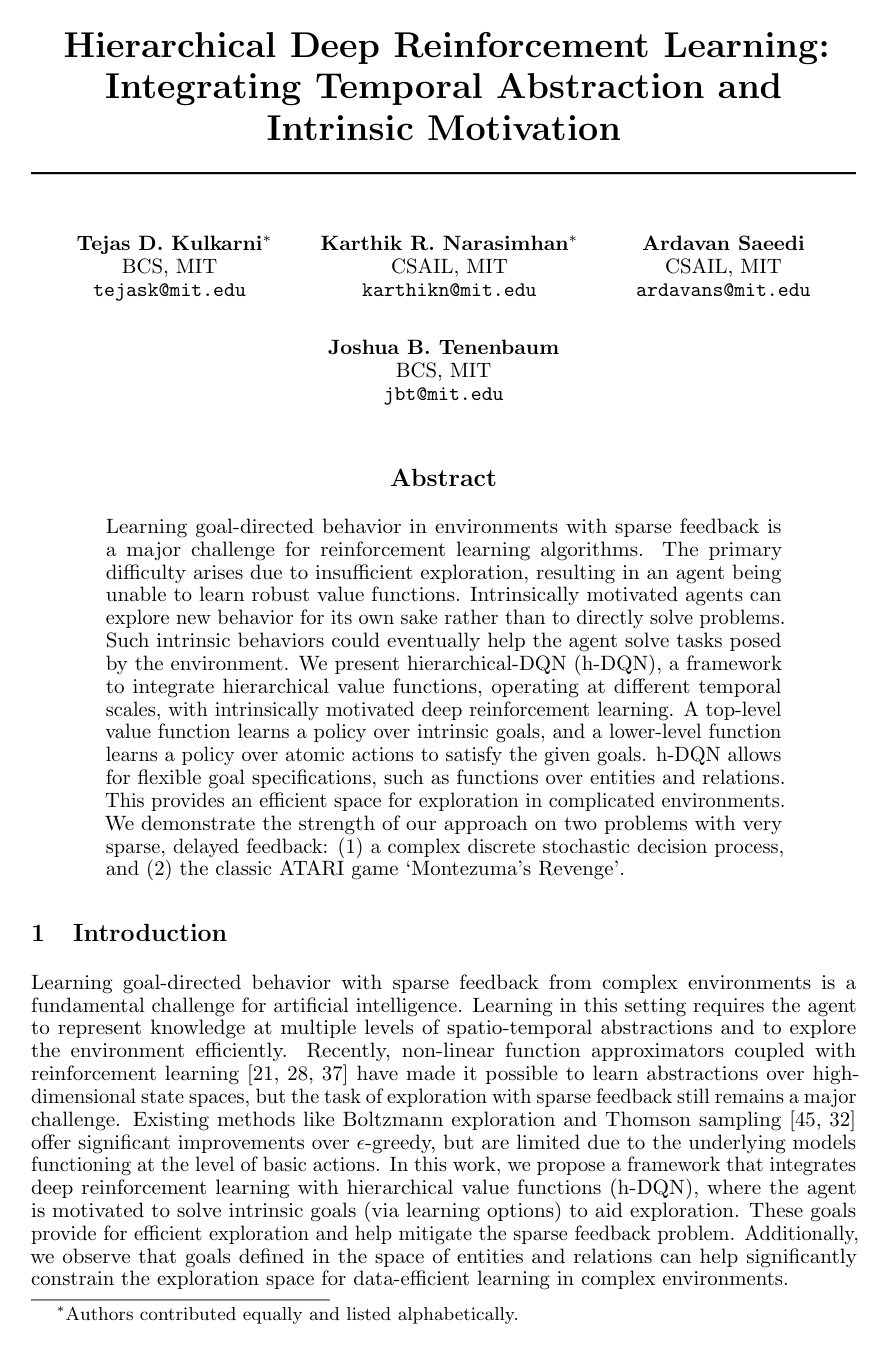Cover for Hierarchical Deep Reinforcement Learning: Integrating Temporal Abstraction and Intrinsic Motivation