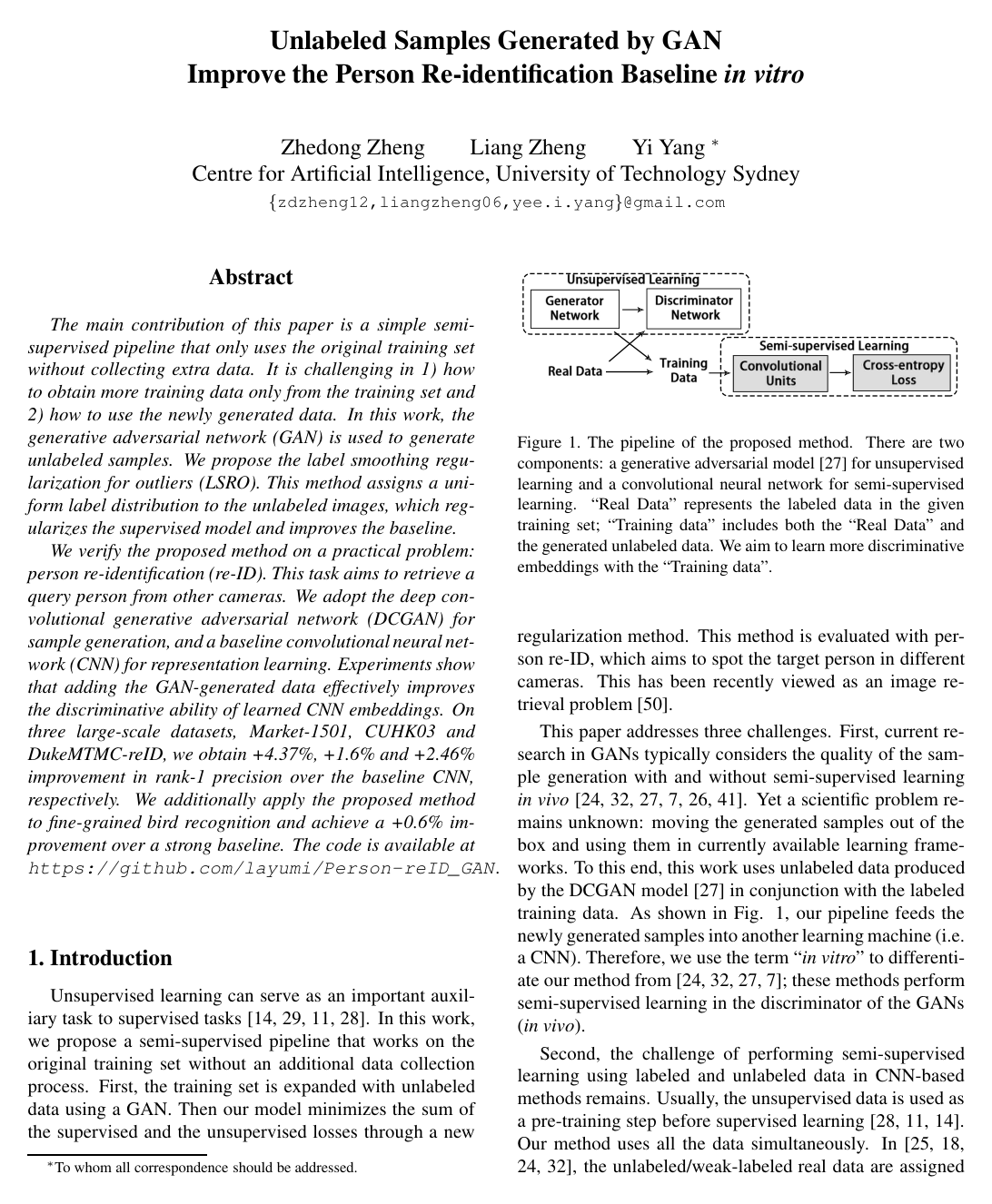 Unlabeled Samples Generated by GAN Improve the Person Re-identification Baseline in Vitro