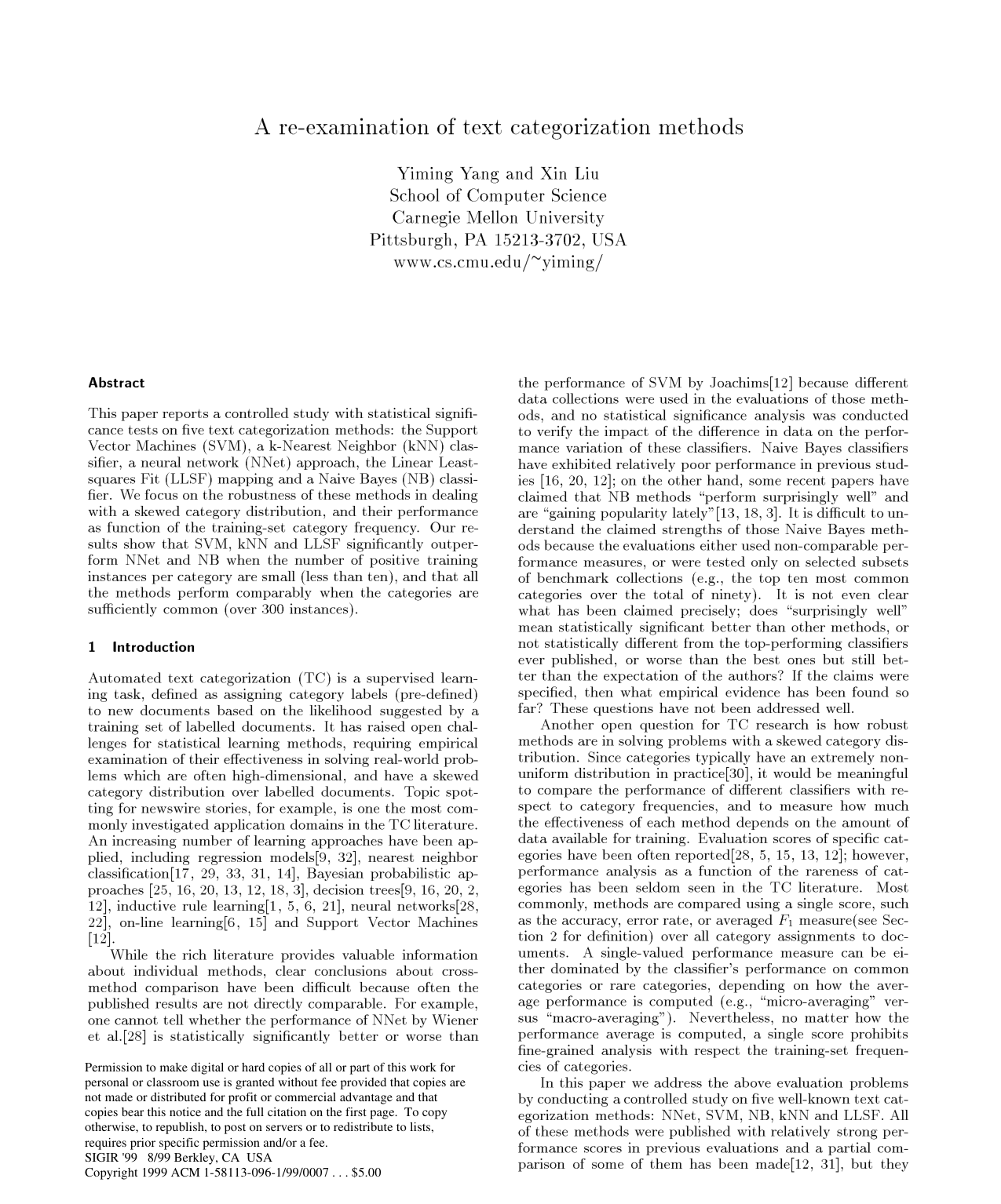 Cover for A re-examination of text categorization methods