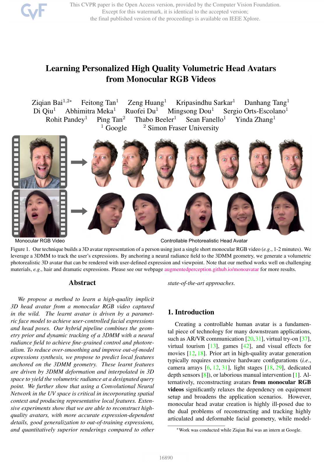 Cover for Learning Personalized High Quality Volumetric Head Avatars from Monocular RGB Videos