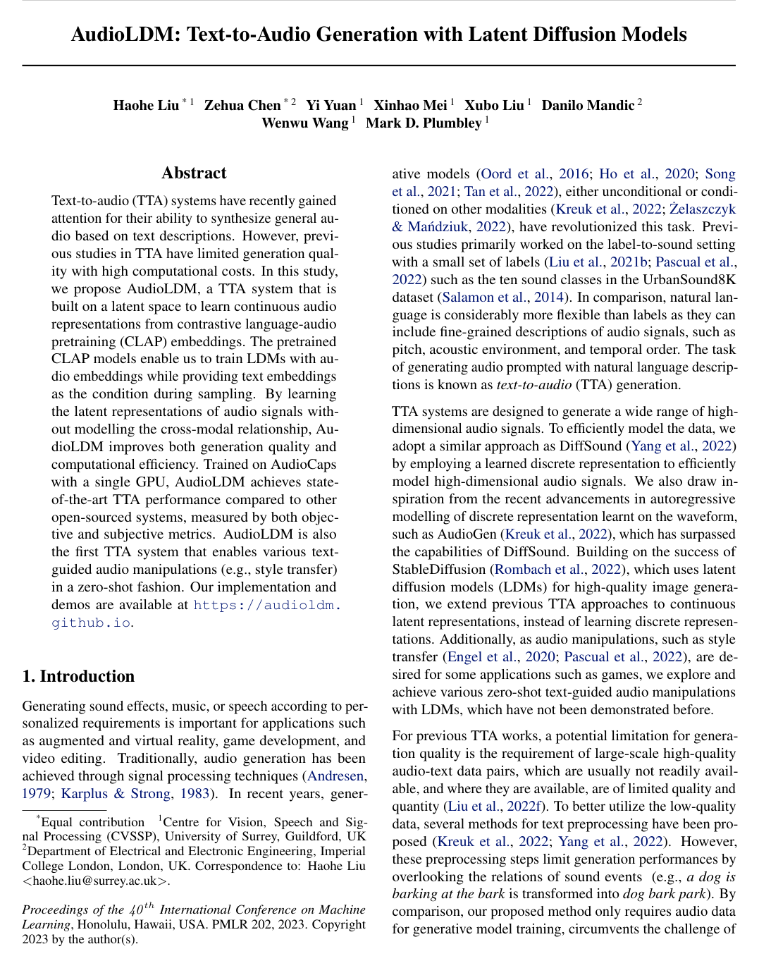 AudioLDM: Text-to-Audio Generation with Latent Diffusion Models