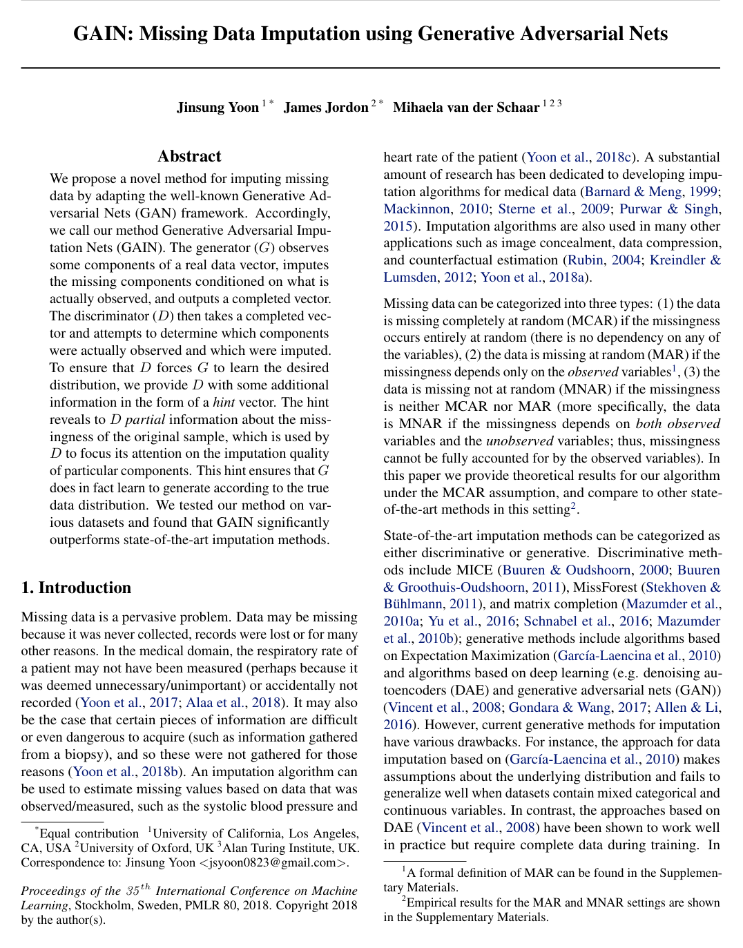Cover for GAIN: Missing Data Imputation using Generative Adversarial Nets