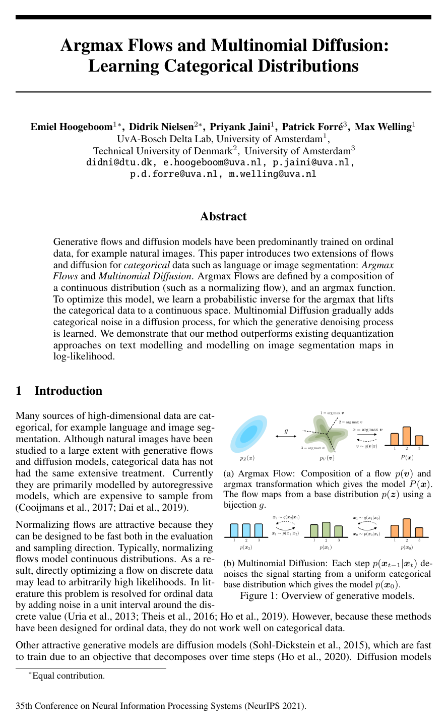 Argmax Flows and Multinomial Diffusion: Learning Categorical Distributions
