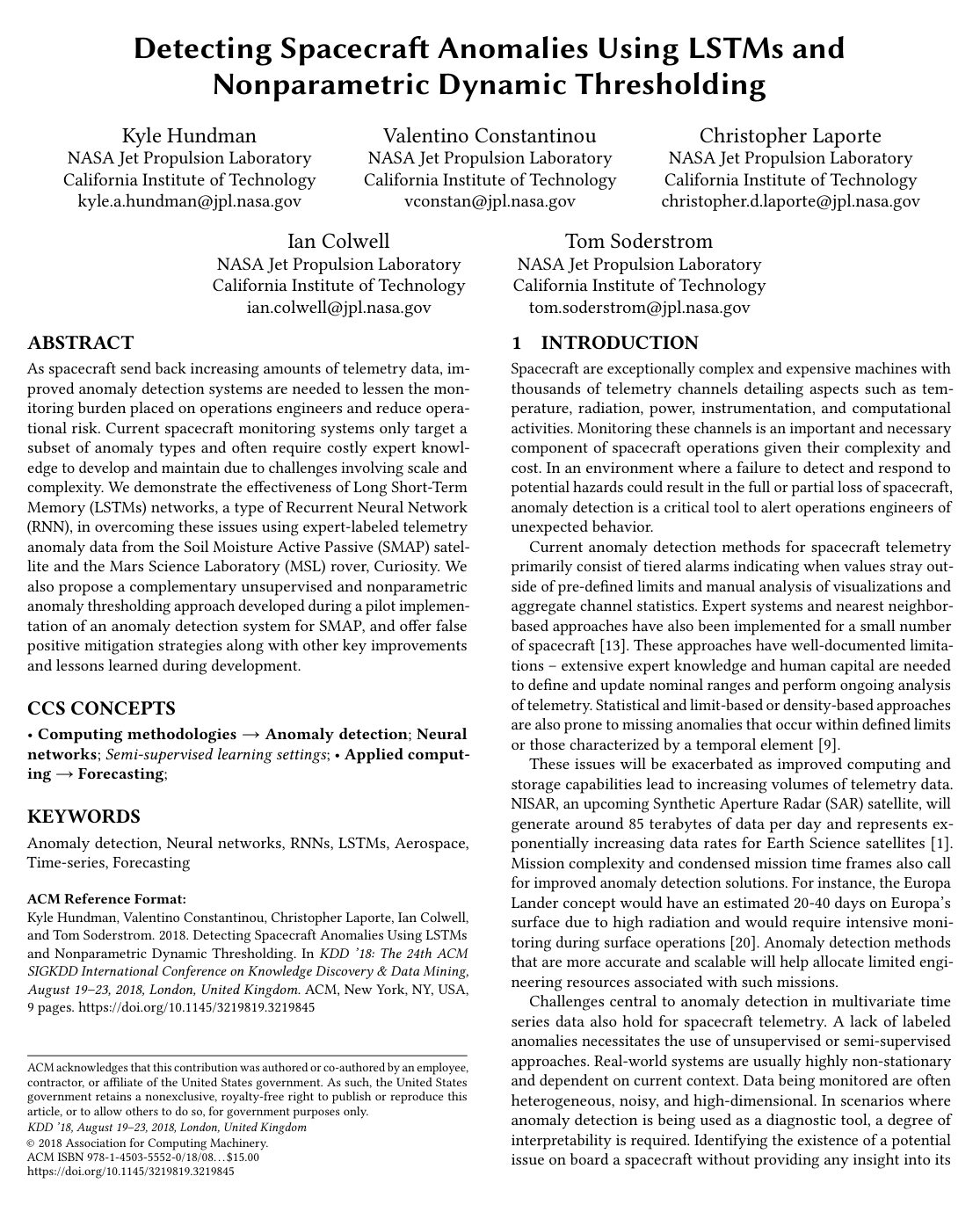 Cover for Detecting Spacecraft Anomalies Using LSTMs and Nonparametric Dynamic Thresholding