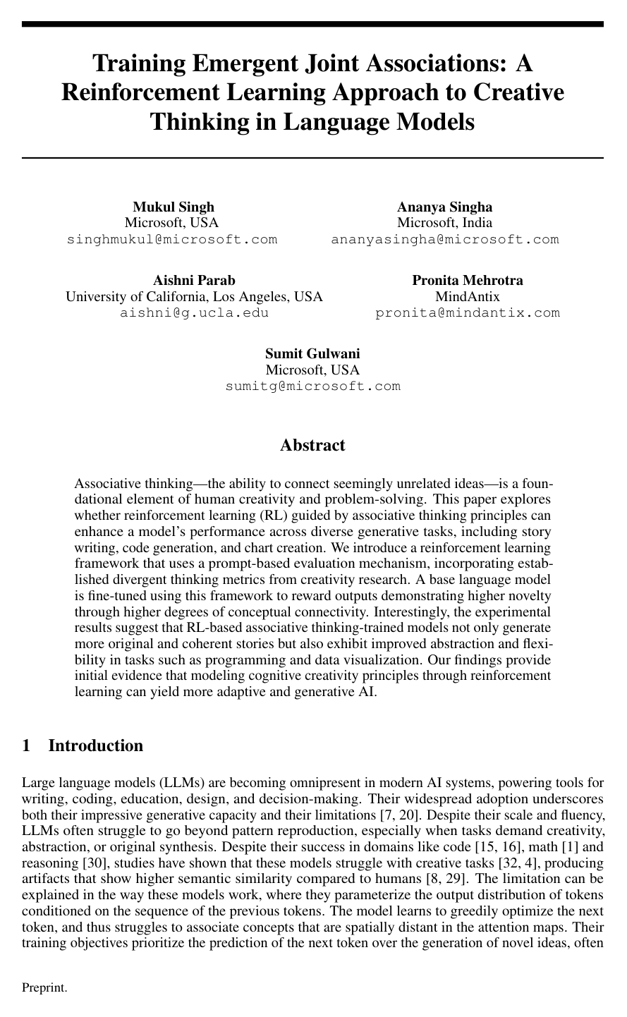 Training Emergent Joint Associations: A Reinforcement Learning Approach to Creative Thinking in Language Models