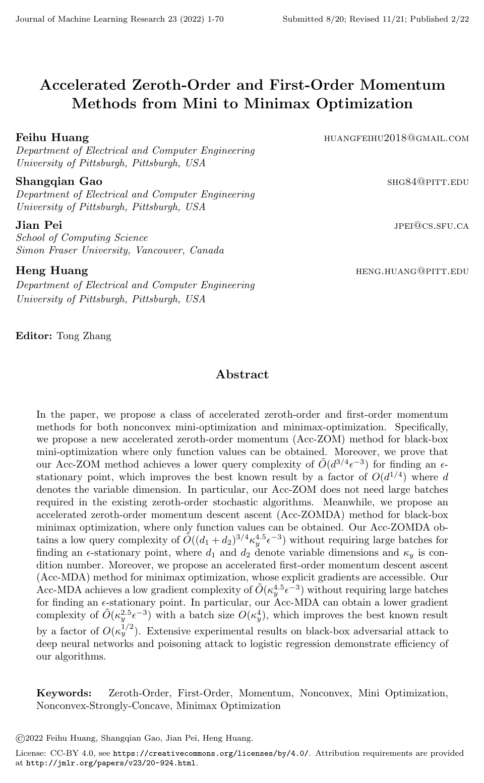 Cover for Accelerated Zeroth-Order and First-Order Momentum Methods from Mini to Minimax Optimization