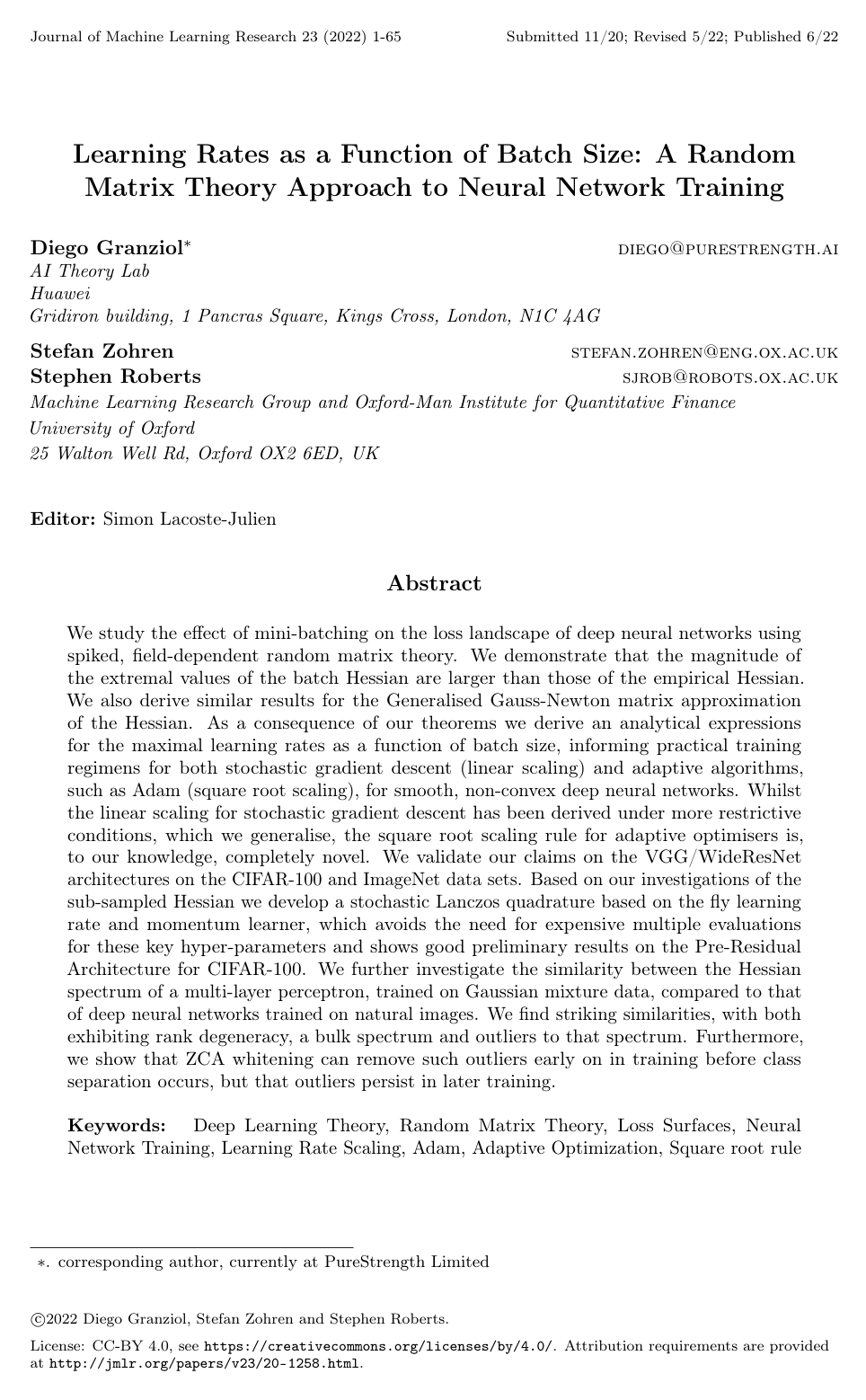 Learning Rates as a Function of Batch Size: A Random Matrix Theory Approach to Neural Network Training