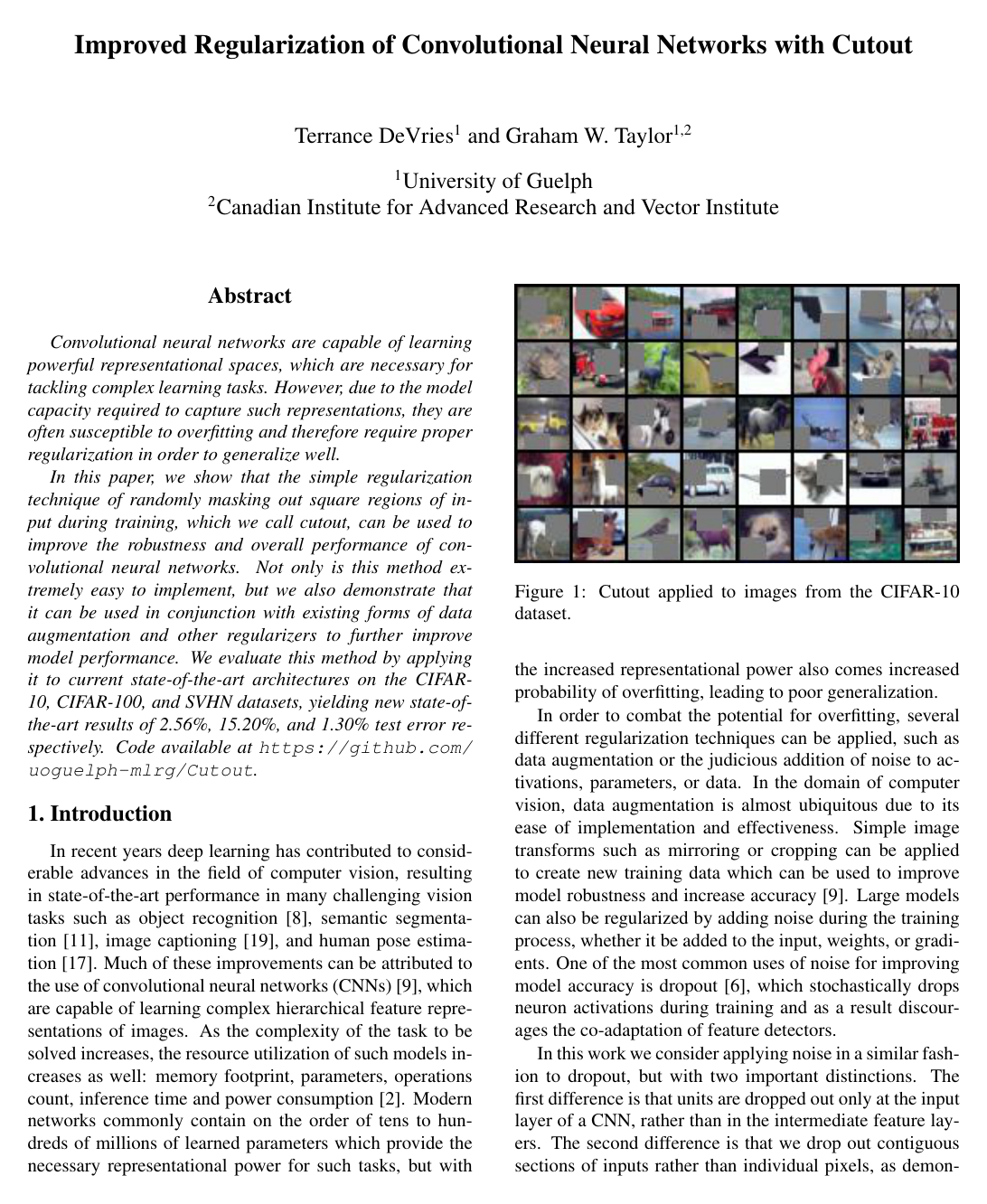 Improved Regularization of Convolutional Neural Networks with Cutout