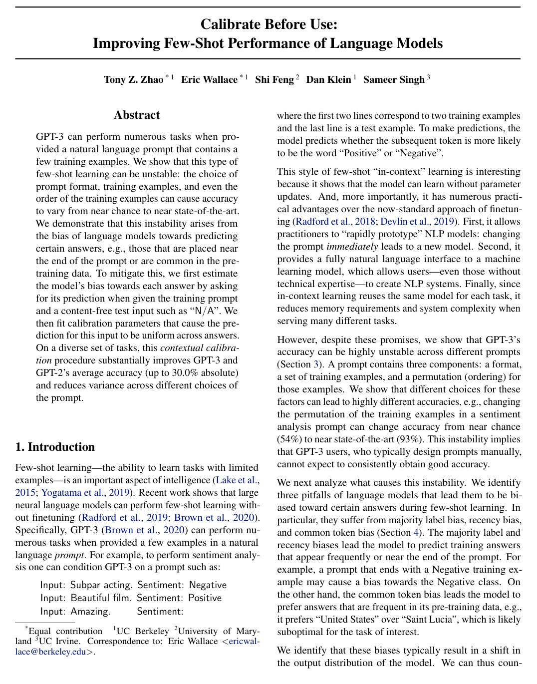 Cover for Calibrate Before Use: Improving Few-Shot Performance of Language Models