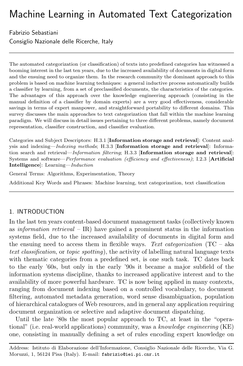 Machine learning in automated text categorization