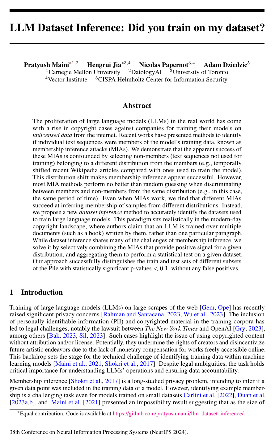 Cover for LLM Dataset Inference: Did you train on my dataset?