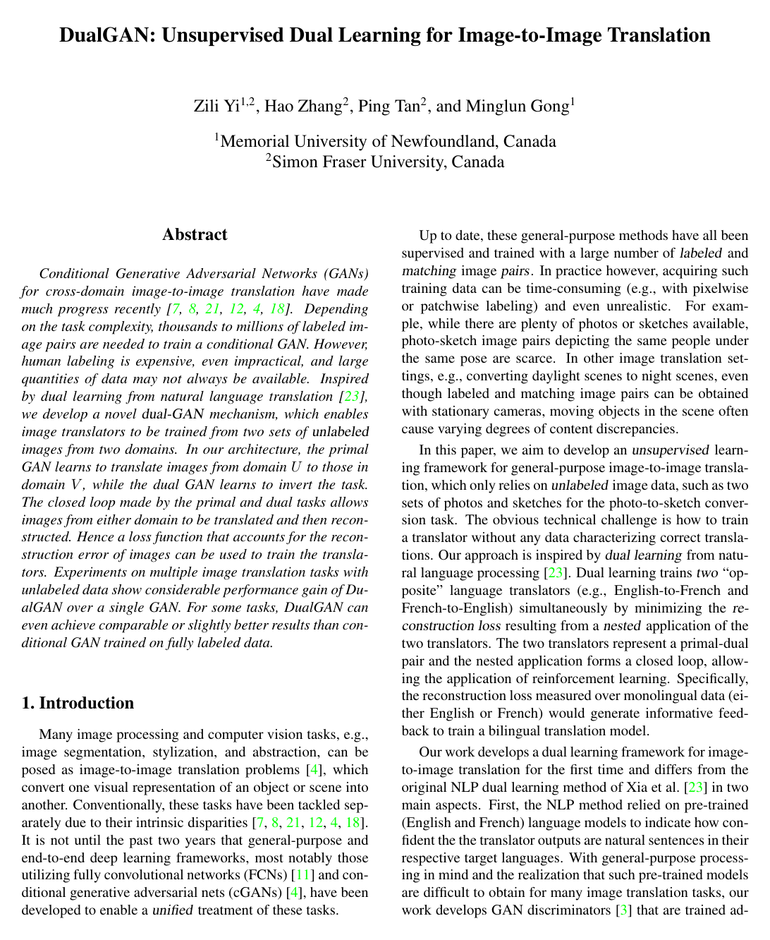 DualGAN: Unsupervised Dual Learning for Image-to-Image Translation